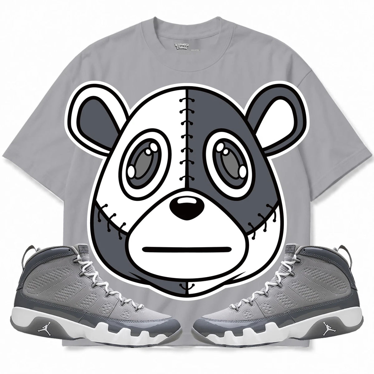Rebranded Studios Rebranded Bear Air Jordan 9 Cool Grey light gray shirt — front with sneakers