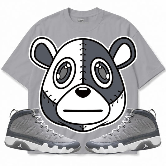 Rebranded Studios Rebranded Bear Air Jordan 9 Cool Grey light gray shirt — front with sneakers