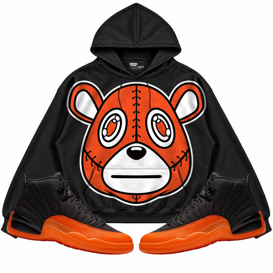Rebranded Studios Rebranded Bear Air Jordan 12 Brilliant Orange Black hoodie — front with sneakers