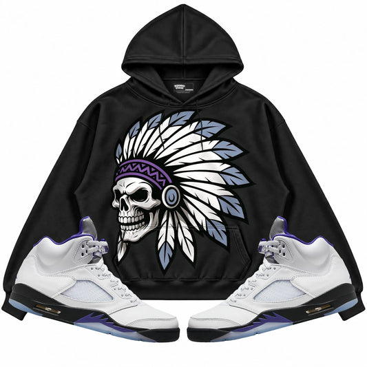 Rebranded Studios Chief 2.0 Air Jordan Retro 5 Concord Black hoodie — front with sneakers