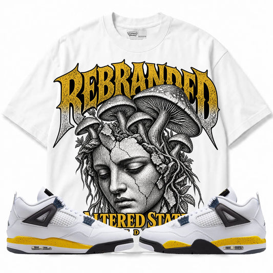 Rebranded Studios Altered State Air Jordan 4 Tour Yellow Collection white shirt — front with sneakers