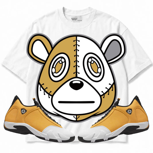 Rebranded Studios Rebranded Bear Air Jordan Retro 14 Ginger White shirt — front with sneakers