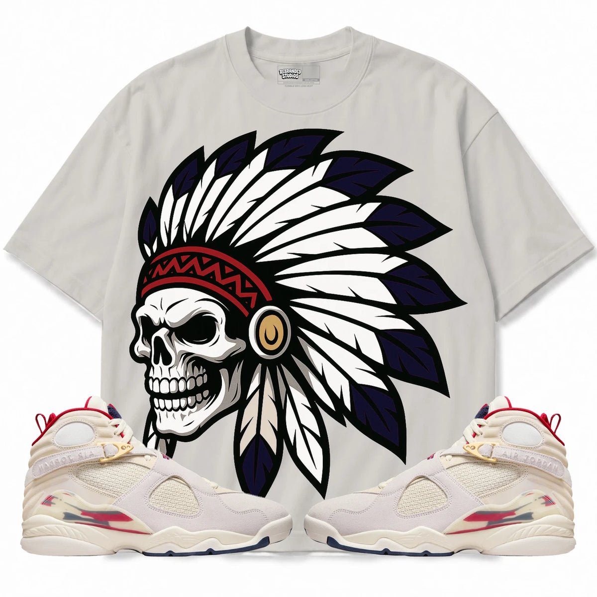 Rebranded Studios Chief 2.0 AIR JORDAN 8 X SOLEFLY “MI CASA ES SU CASA" Warm Off-White / Light Stone shirt — front with sneakers