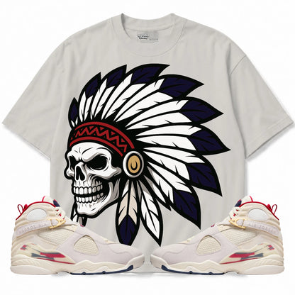 Rebranded Studios Chief 2.0 AIR JORDAN 8 X SOLEFLY “MI CASA ES SU CASA" Warm Off-White / Light Stone shirt — front with sneakers