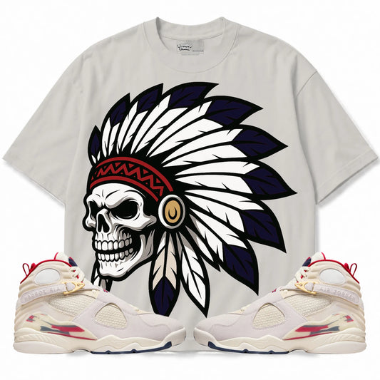 Rebranded Studios Chief 2.0 AIR JORDAN 8 X SOLEFLY “MI CASA ES SU CASA" Warm Off-White / Light Stone shirt — front with sneakers