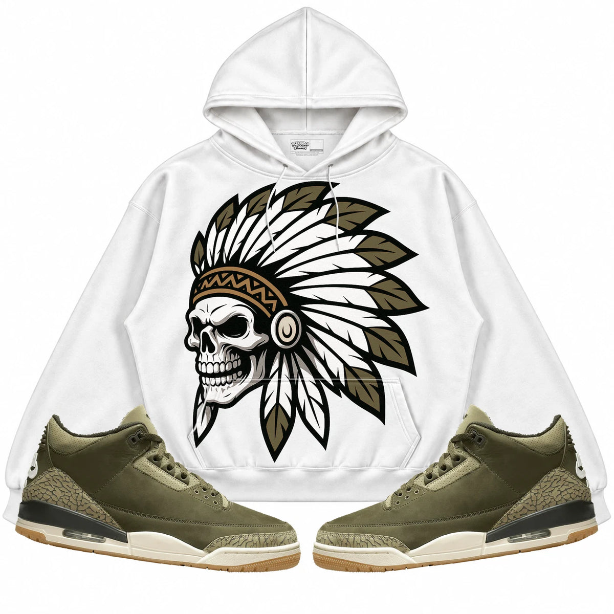 Rebranded Studios Chief 2.0 Air Jordan 3 Family Affair White hoodie — front with sneakers