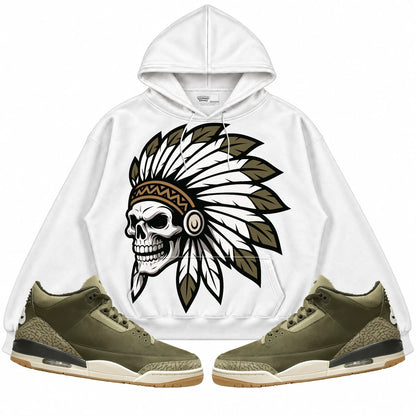 Rebranded Studios Chief 2.0 Air Jordan 3 Family Affair White hoodie — front with sneakers