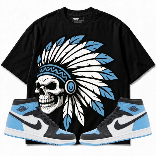 Rebranded Studios Chief 2.0 Air Jordan 1 High OG UNC Toe Black shirt — front with sneakers