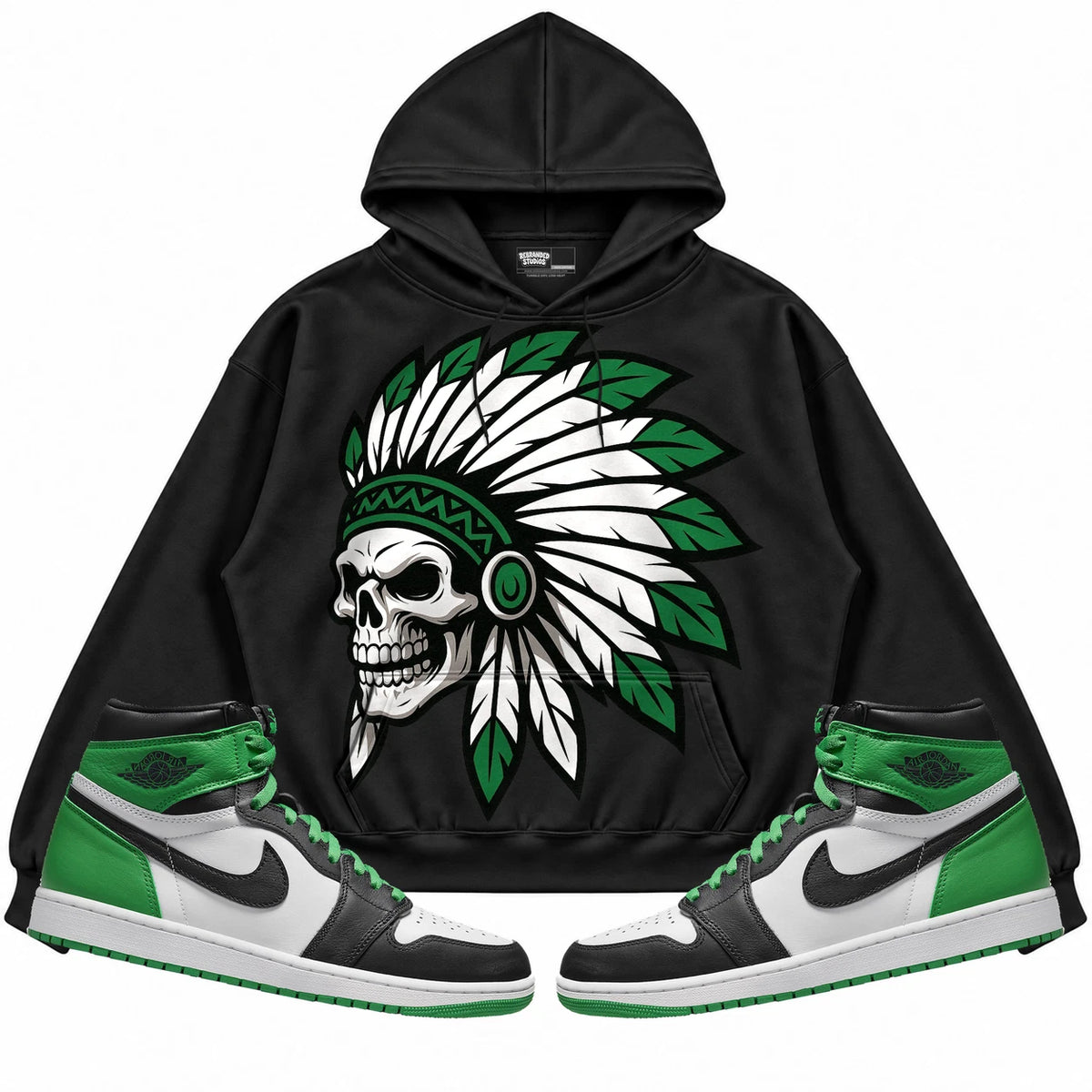 Rebranded Studios Chief 2.0 Air Jordan 1 Lucky Green Black hoodie — front with sneakers