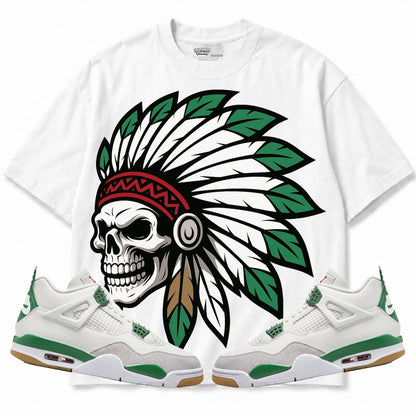 Rebranded Studios Chief 2.0 AIR JORDAN 4 PINE GREEN X NIKE SB White shirt — front with sneakers