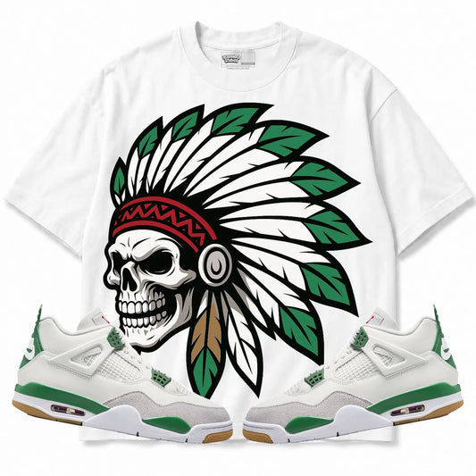 Rebranded Studios Chief 2.0 AIR JORDAN 4 PINE GREEN X NIKE SB White shirt — front with sneakers