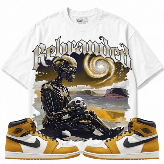 Rebranded Studios Rebranded Future Air Jordan 1 Retro High OG Yellow Ochre White T-shirt — front with matching sneakers