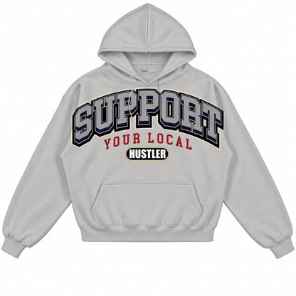 Rebranded Studios Support Your Local Hustler AIR JORDAN 8 X SOLEFLY “MI CASA ES SU CASA" Light Gray hoodie — front
