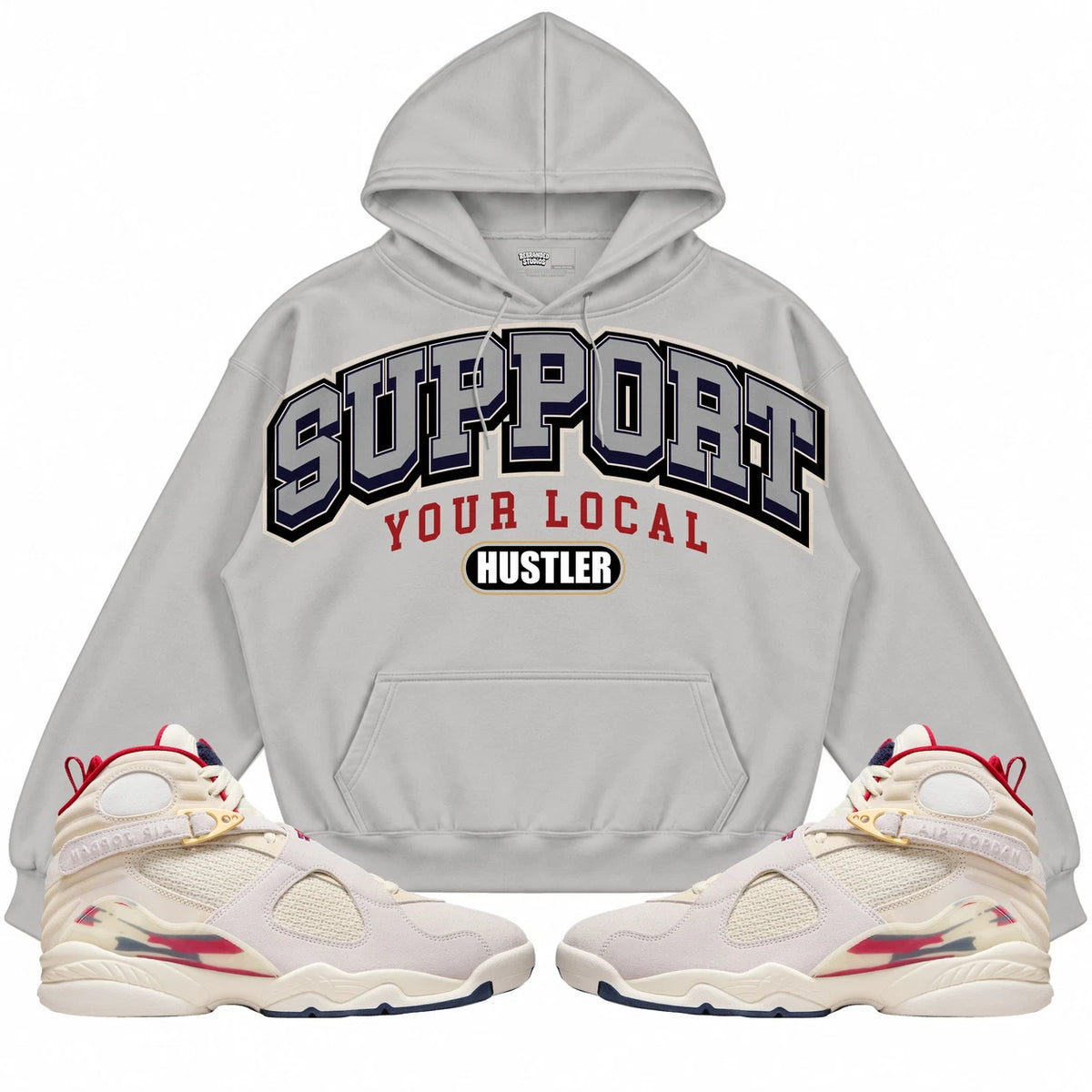 Rebranded Studios Support Your Local Hustler AIR JORDAN 8 X SOLEFLY “MI CASA ES SU CASA" Light Gray hoodie — front with sneakers