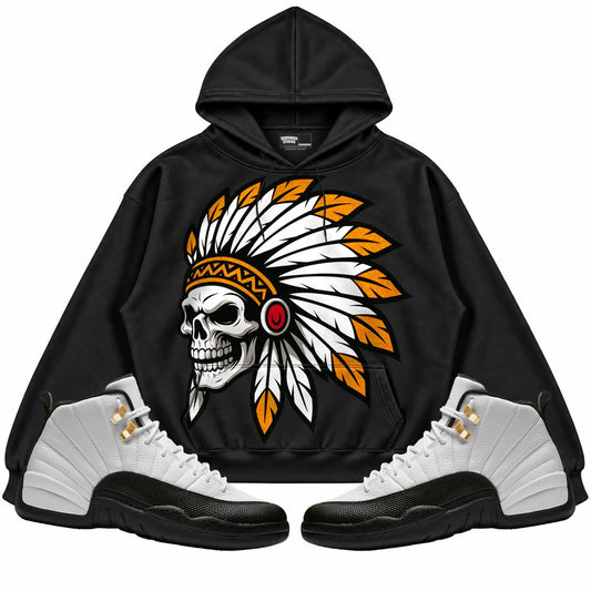 Rebranded Studios Chief 2.0 Air Jordan 12 Taxi Black hoodie — front with sneakers