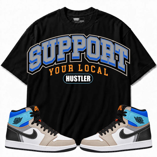 Rebranded Studios Support Your Local Hustler Air Jordan Retro 1 Prototype Black shirt — front with sneakers