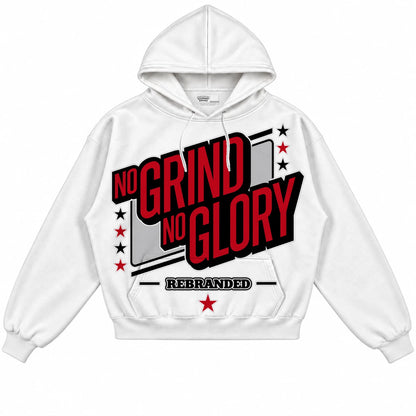 Rebranded Studios No Grind No Glory Air Jordan 9 OG Space Jam Collection white hoodie — front