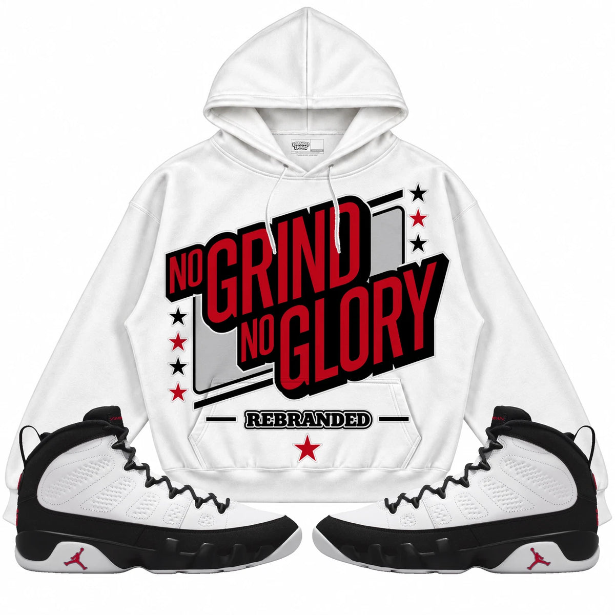 Rebranded Studios No Grind No Glory Air Jordan 9 OG Space Jam Collection white hoodie — front with sneakers