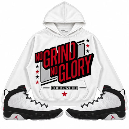 Rebranded Studios No Grind No Glory Air Jordan 9 OG Space Jam Collection white hoodie — front with sneakers