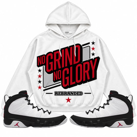 Rebranded Studios No Grind No Glory Air Jordan 9 OG Space Jam Collection white hoodie — front with sneakers