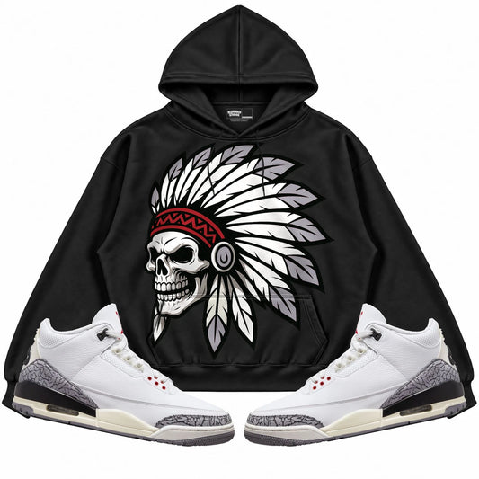 Rebranded Studios Chief 2.0 Air Jordan Retro 3 White Cement Collection Black hoodie — front with sneakers