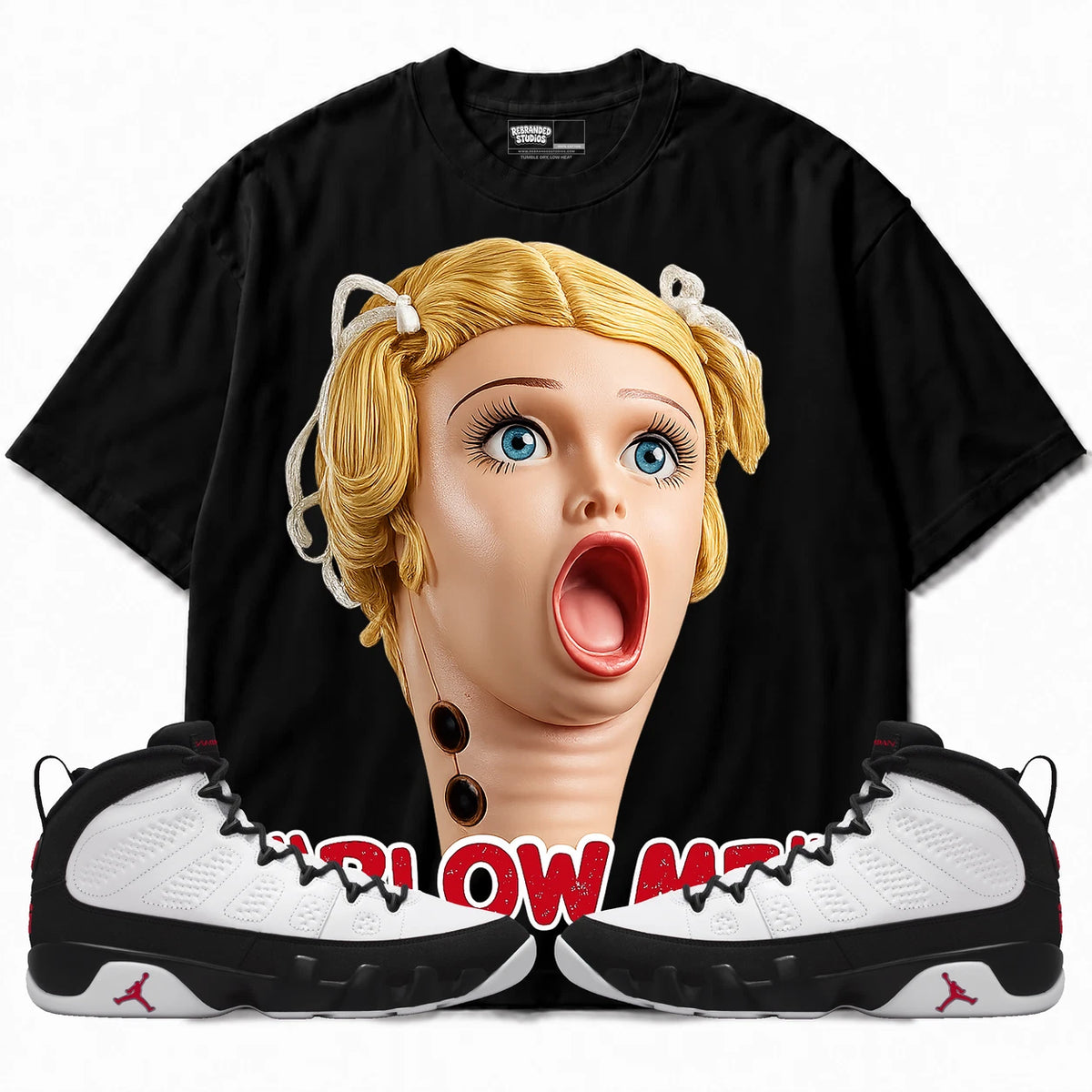 Rebranded Studios Blow Me Air Jordan 9 OG Space Jam Black shirt — front with sneakers