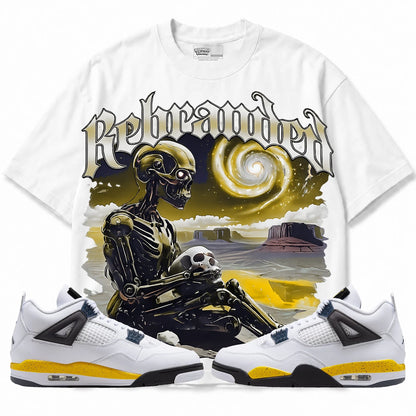 Rebranded Studios Rebranded Future Air Jordan 4 Tour Yellow white shirt — front with sneakers