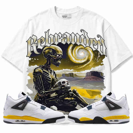 Rebranded Studios Rebranded Future Air Jordan 4 Tour Yellow white shirt — front with sneakers