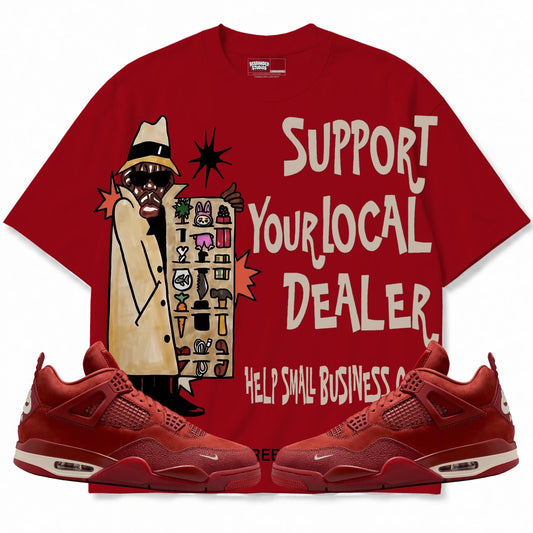 Rebranded Studios Support Your Local Dealer Air Jordan 4 Brick By Brick red shirt — front with sneakers