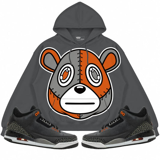 Rebranded Studios Rebranded Bear Air Jordan 3 Fear Collection charcoal gray hoodie — front with sneakers