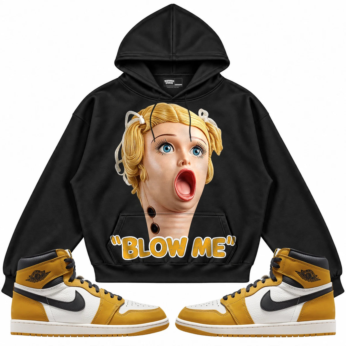 Rebranded Studios Blow Me Air Jordan 1 Retro High OG Yellow Ochre Black hoodie — front with sneakers