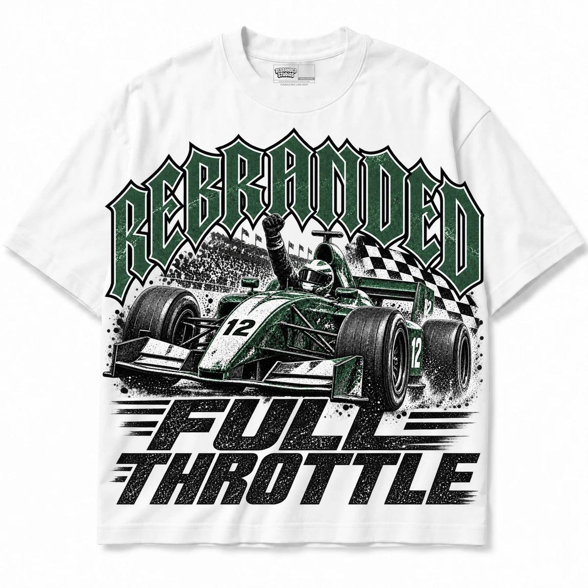 Rebranded Studios Full Throttle Air Jordan 14 Forest Green Collection white shirt — front
