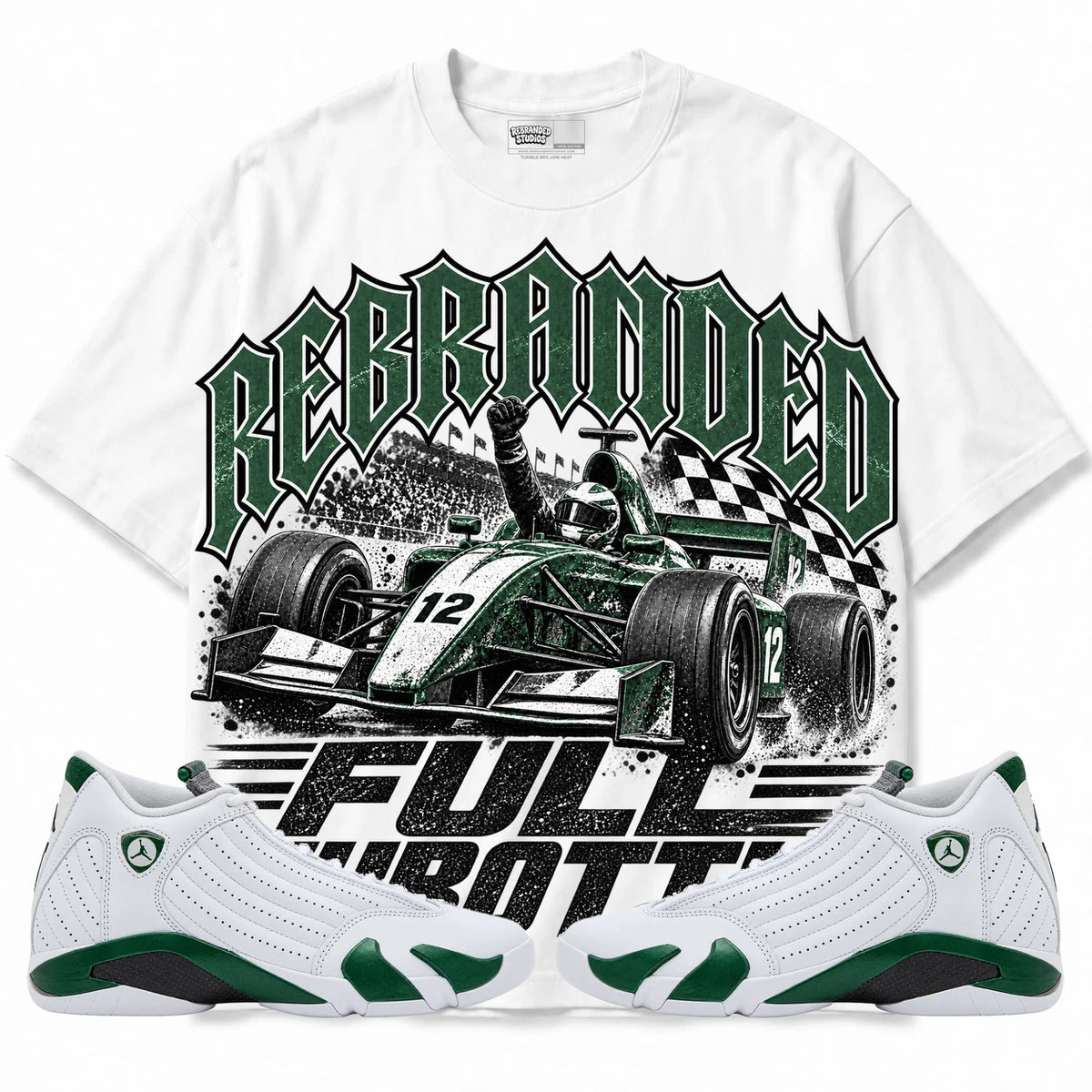 Rebranded Studios Full Throttle Air Jordan 14 Forest Green Collection white shirt — front with sneakers