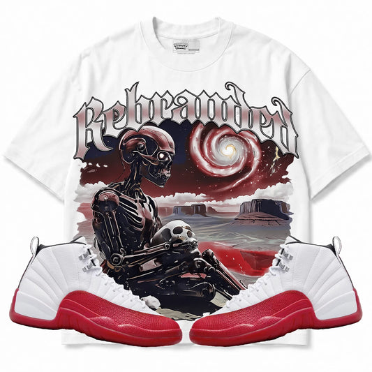 Rebranded Studios Rebranded Future Air Jordan 12 Cherry White shirt — front with sneakers