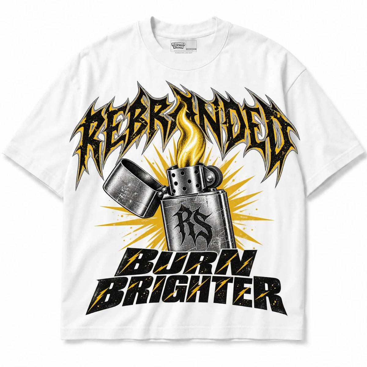 Rebranded Studios Burn Brighter Air Jordan 4 Tour Yellow Collection white shirt — front