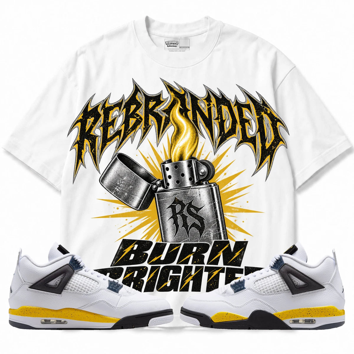 Rebranded Studios Burn Brighter Air Jordan 4 Tour Yellow Collection white shirt — front with sneakers