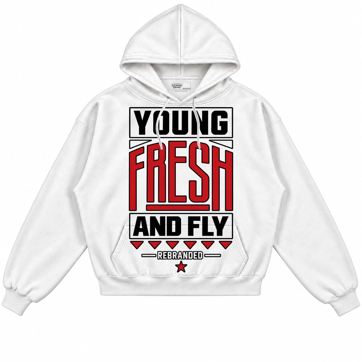 Rebranded Studios Young Fresh And Fly Air Jordan 9 OG Space Jam Collection white hoodie — front