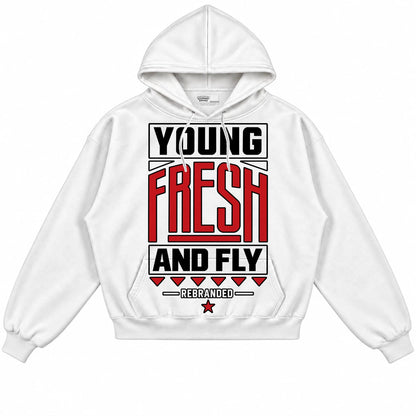 Rebranded Studios Young Fresh And Fly Air Jordan 9 OG Space Jam Collection white hoodie — front
