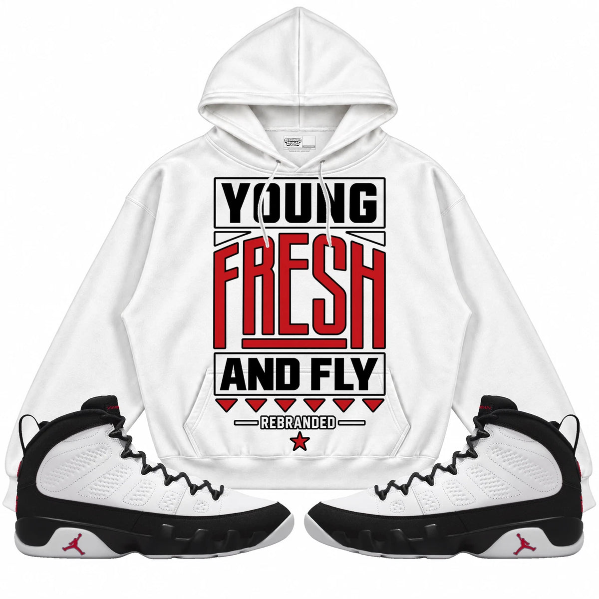 Rebranded Studios Young Fresh And Fly Air Jordan 9 OG Space Jam Collection white hoodie — front with sneakers