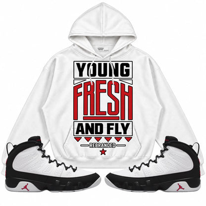 Rebranded Studios Young Fresh And Fly Air Jordan 9 OG Space Jam Collection white hoodie — front with sneakers