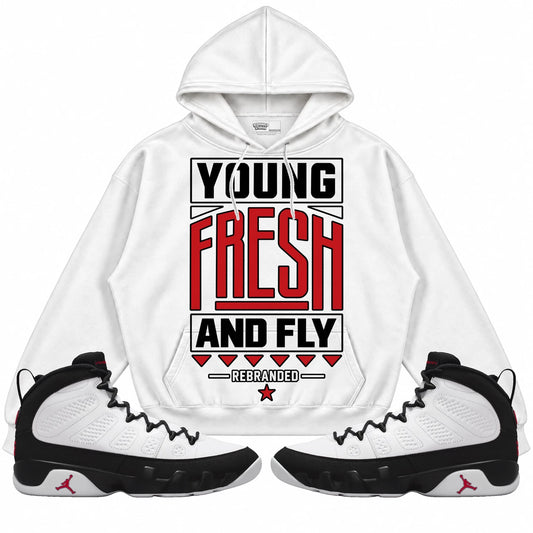 Rebranded Studios Young Fresh And Fly Air Jordan 9 OG Space Jam Collection white hoodie — front with sneakers