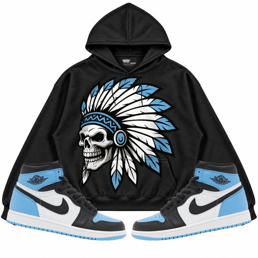 Rebranded Studios Chief 2.0 Air Jordan 1 High OG UNC Toe Black hoodie — front with sneakers