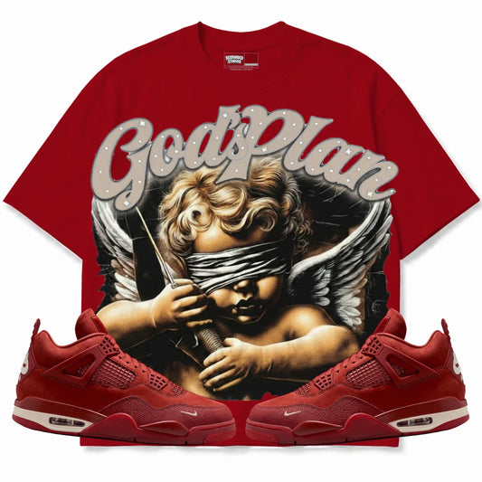 Rebranded Studios God's Plan Air Jordan 4 Brick By Brick red shirt — front with sneakers