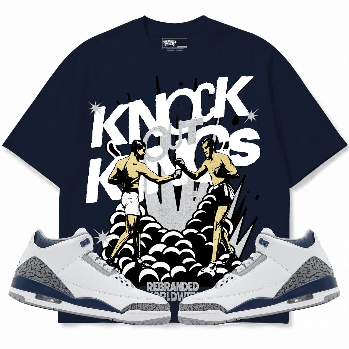 Rebranded Studios Knock Out Kings Air Jordan 3 White Navy Collection dark navy blue shirt — front with sneakers