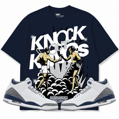 Rebranded Studios Knock Out Kings Air Jordan 3 White Navy Collection dark navy blue shirt — front with sneakers