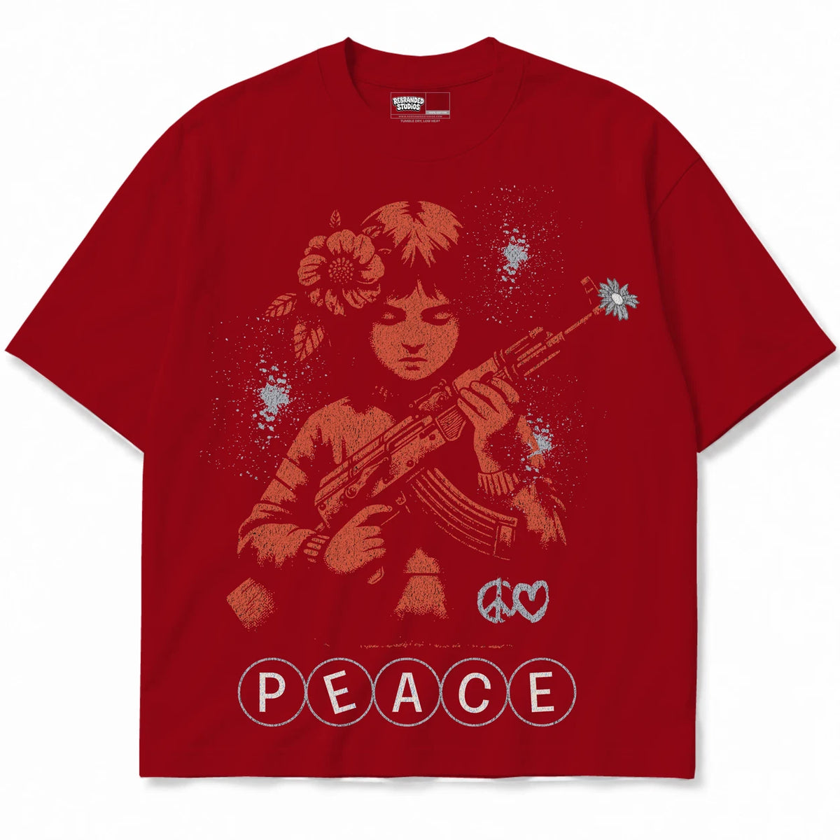 Rebranded Studios Peace Air Jordan 4 Brick By Brick red shirt — front
