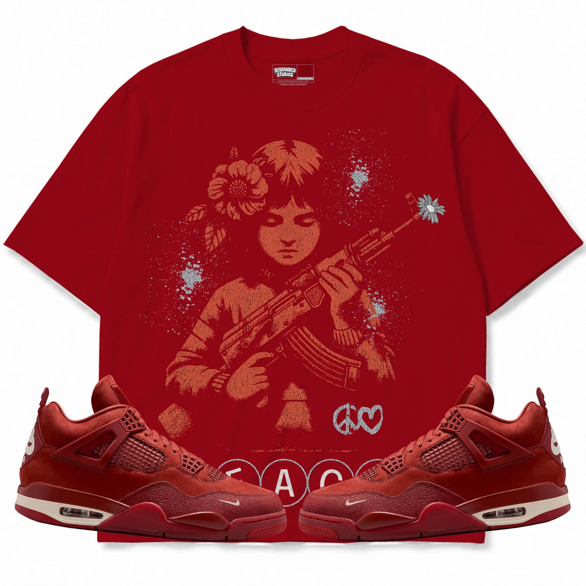 Rebranded Studios Peace Air Jordan 4 Brick By Brick red shirt — front with sneakers