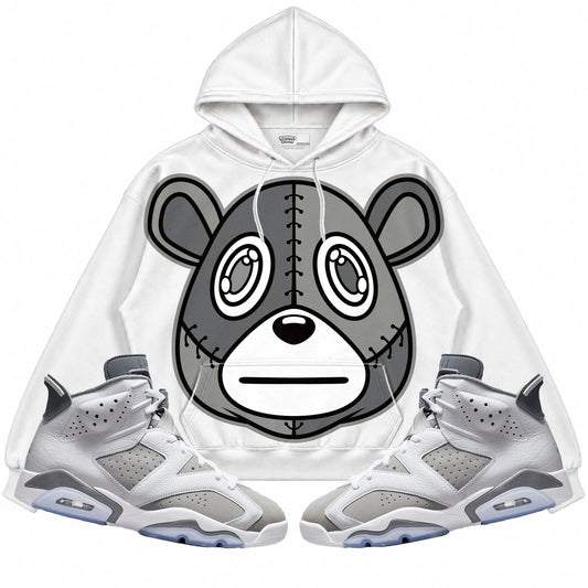 Rebranded Studios Rebranded Bear Air Jordan Retro 6 Cool Grey Collection white hoodie — front with sneakers