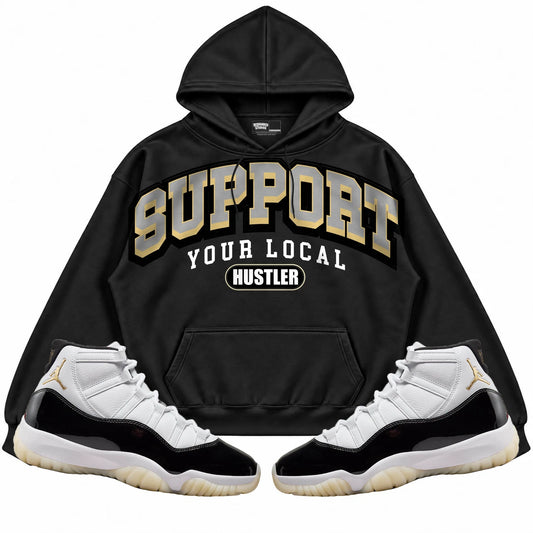 Rebranded Studios Support Your Local Hustler Air Jordan 11 Gratitude Black hoodie — front with sneakers