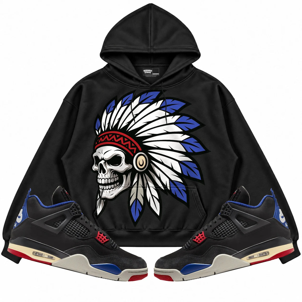 Rebranded Studios Chief 2.0 Air Jordan 4 Rare Air Black hoodie — front with sneakers